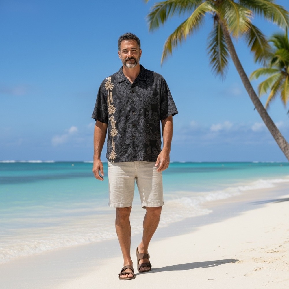 Pacific Legend Apparel Mens 2XL Hawaiian Shirt Black Paisley Palm Turtle Tiki‎